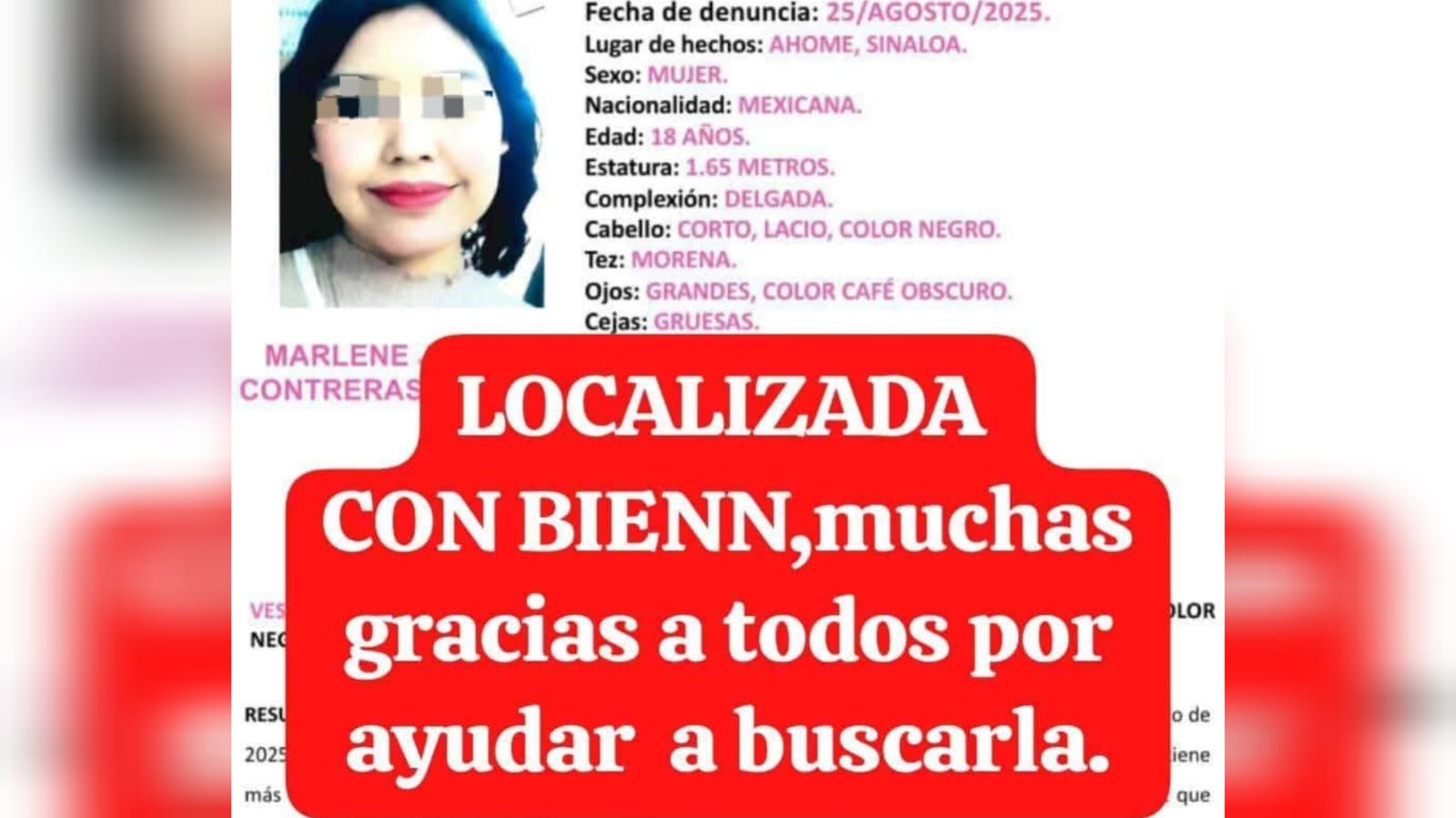 Localizan sana y salva a Marlene Joselyn