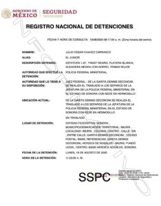 Registro de detención de Julio César Chávez Jr en México