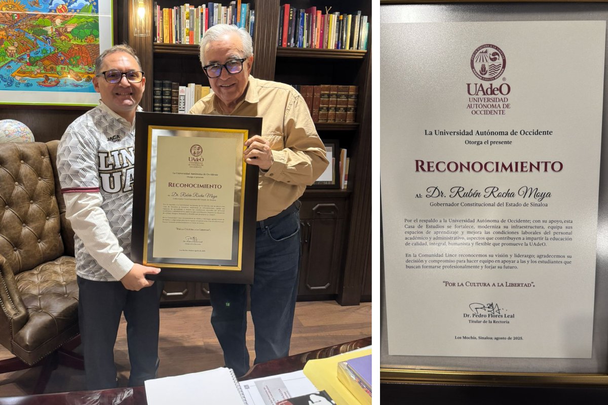 Pedro Flores Leal, rector de la UAdeO entrega reconocimiento a Rubén Rocha Moya, gobernador de Sinaloa