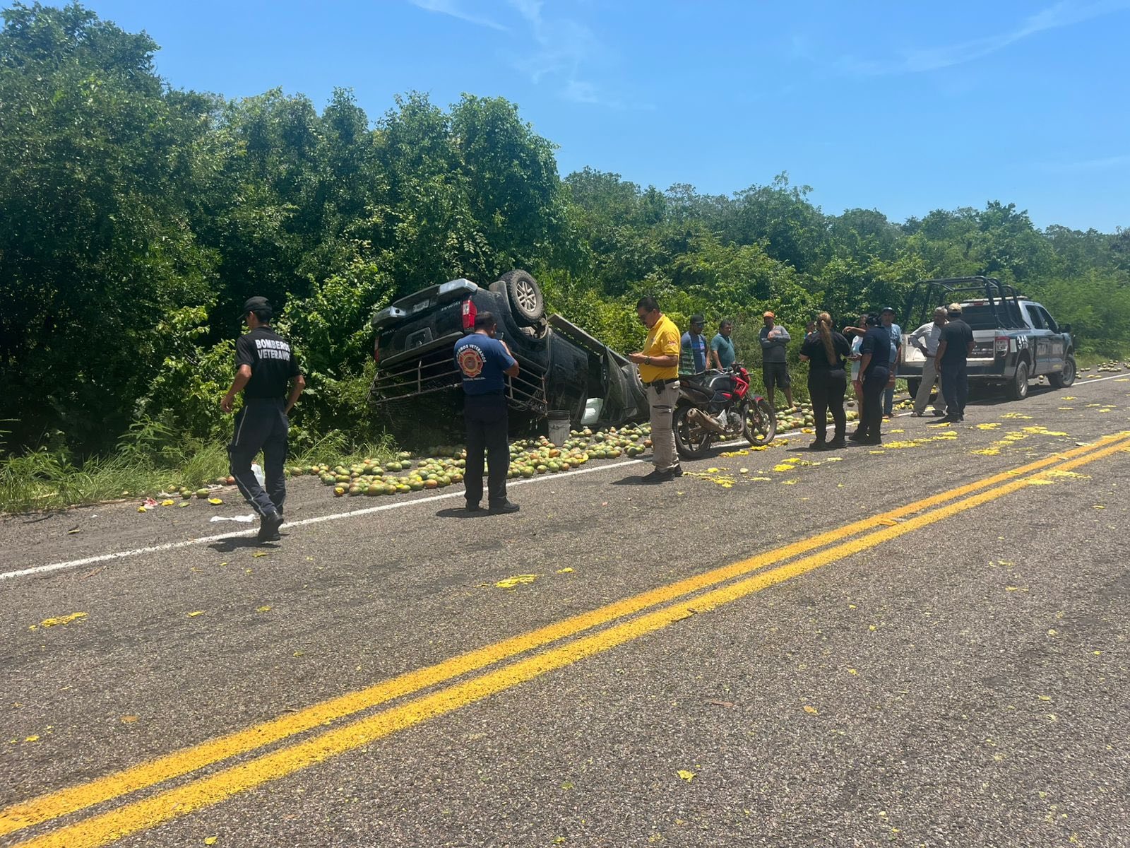 Vuelca camioneta cargada de mangos en carretera hacia Barrón