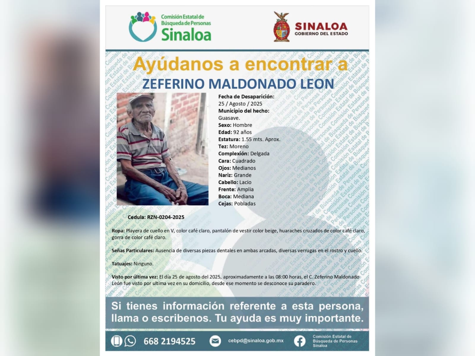 Activan ficha de búsqueda para localizar a don Zeferino