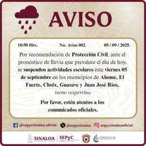 Aviso suspensión de clases en el norte de Sinaloa