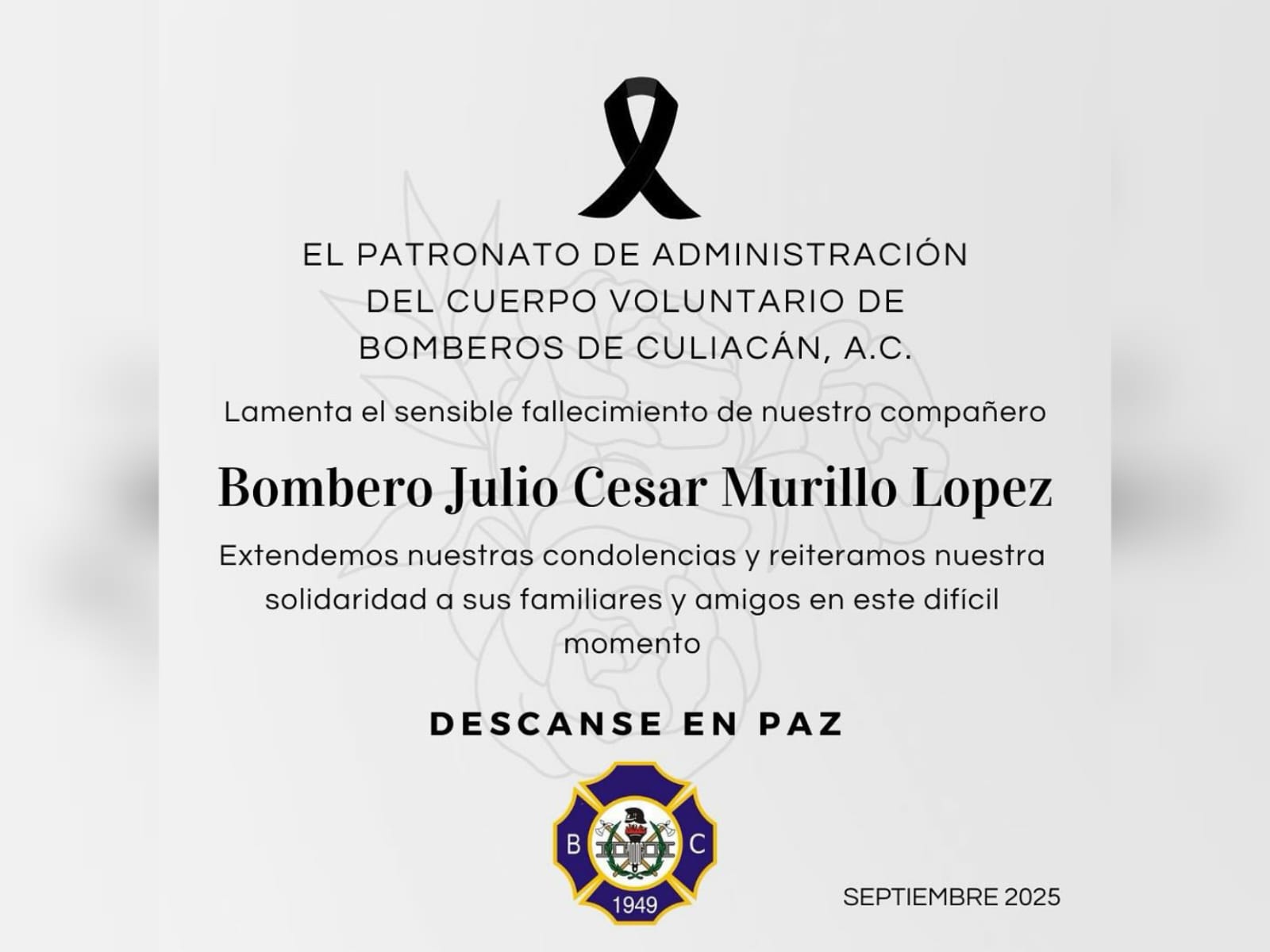 Bomberos Culiacán lamenta asesinato de Julio César Murillo