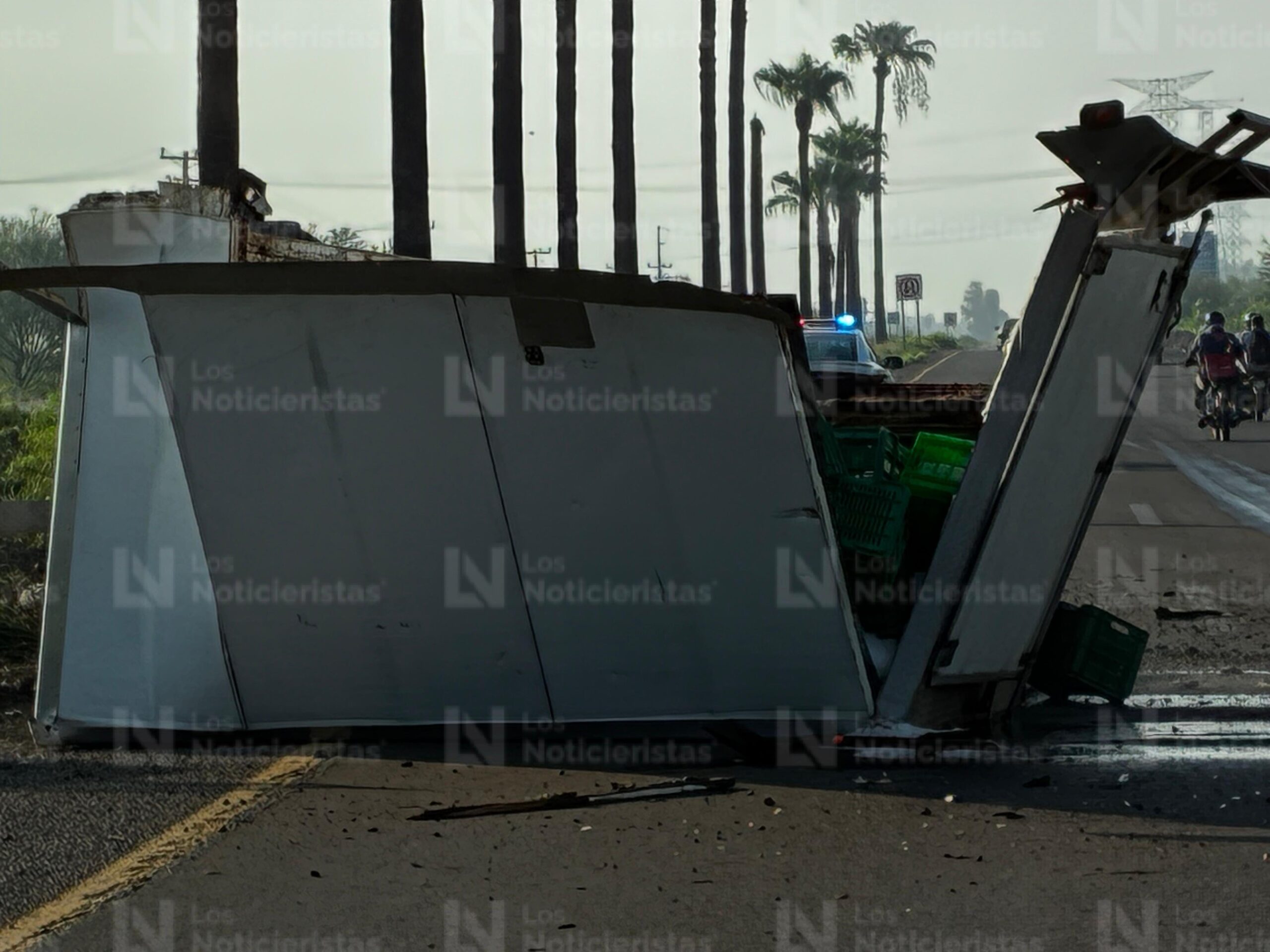 Camioneta con caja fría accidentada en carretera a San Miguel Zapotitlán, Ahome