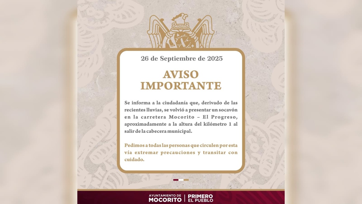 Ayuntamiento de Mocorito advierte de socavón en carretera a Rosa Morada