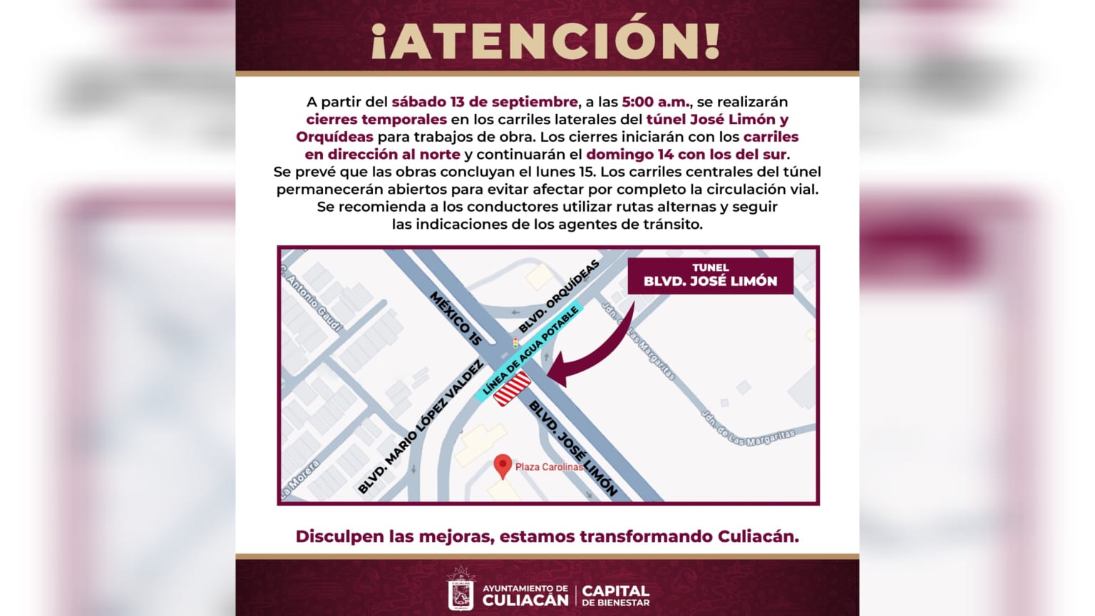 cierre temporal en tunel en culiacan bulevar