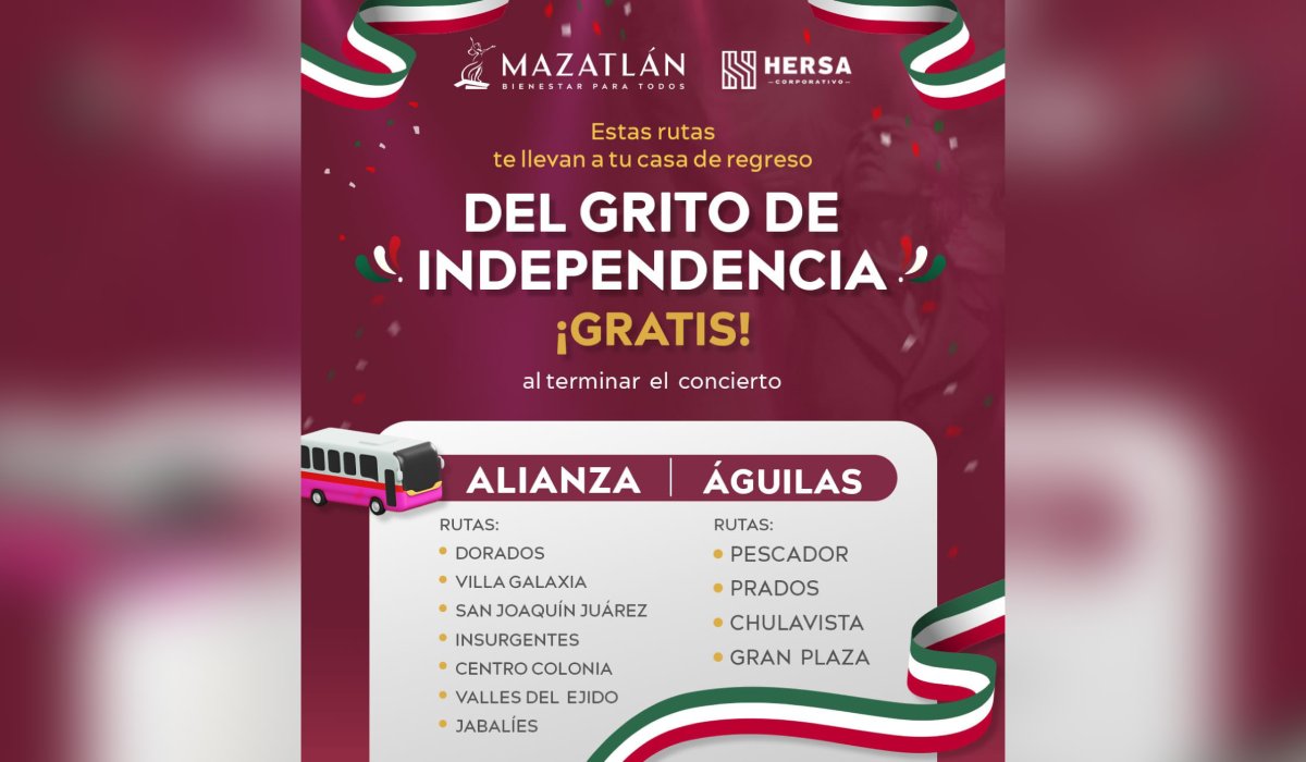 Rutas de camiones gratis para el Grito de Independencia en Mazatlán