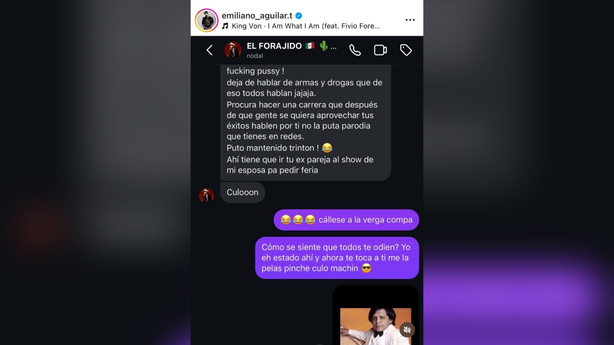 Screenshot de conversación entre Emilio Aguilar y Christian Nodal