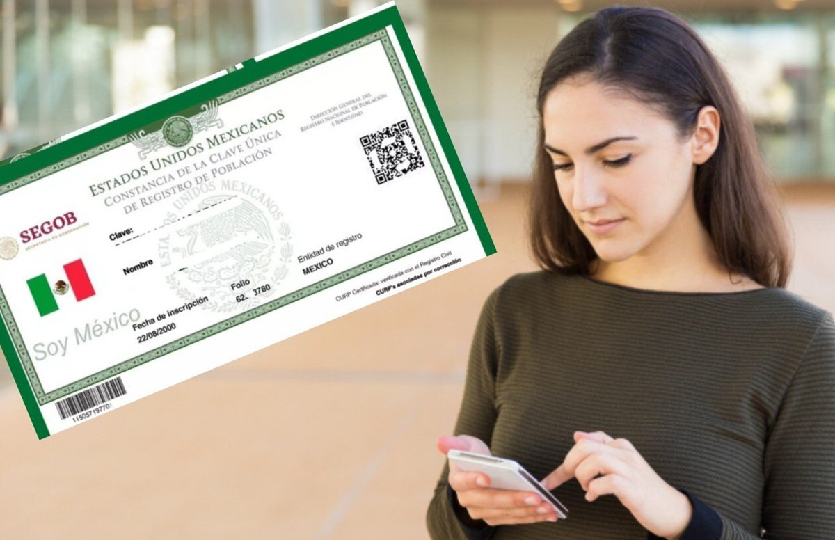 CURP y mujer joven con celular