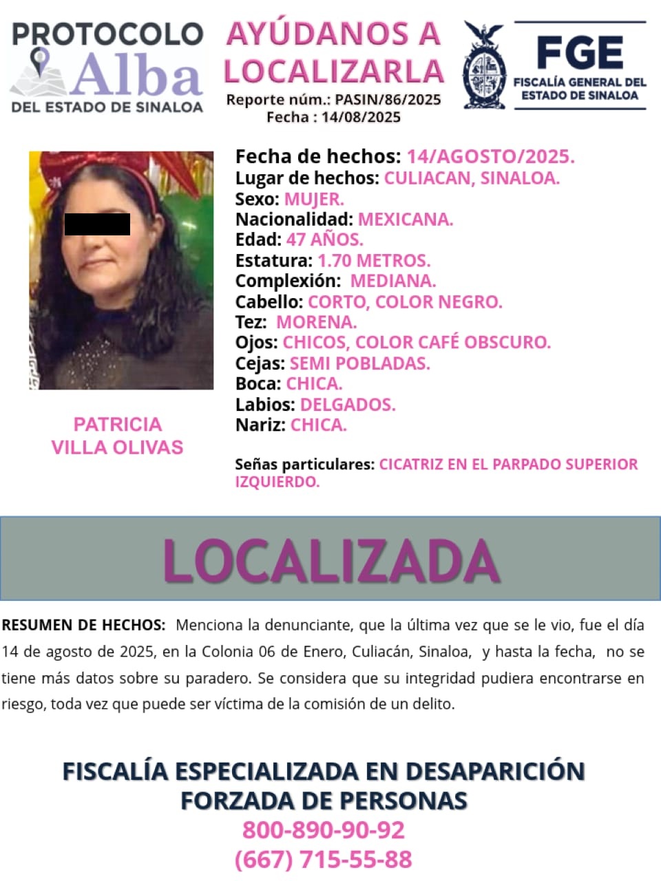 Desactivan fichas de búsqueda de familia reportada desaparecida en Culiacán