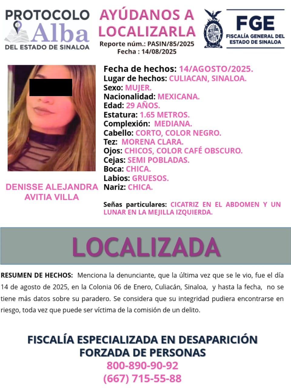 Desactivan fichas de búsqueda de familia reportada desaparecida en Culiacán