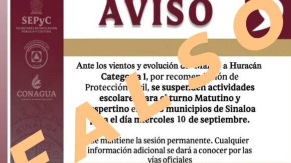 ¡Es falso! No hay suspensión de clases en Sinaloa por ‘Mario’, aclara Sepyc