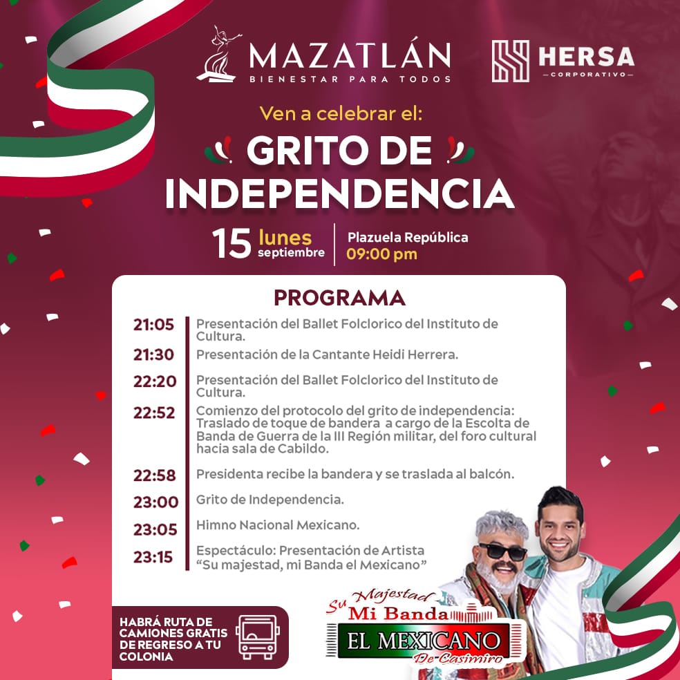cartelera Grito de Independencia Mazatlán, Sinaloa