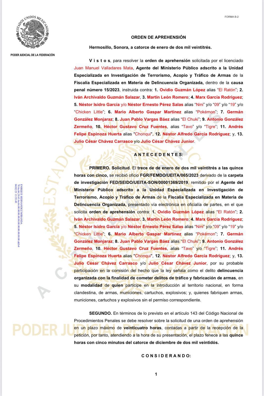Orden de aprehensión contra Juan Pablo, alias el Chuki, capturado en Badiraguato, Sinaloa