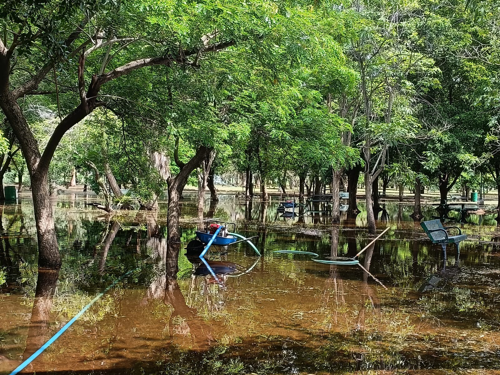 Parque Sinaloa de Los Mochis inundado tras las lluvias