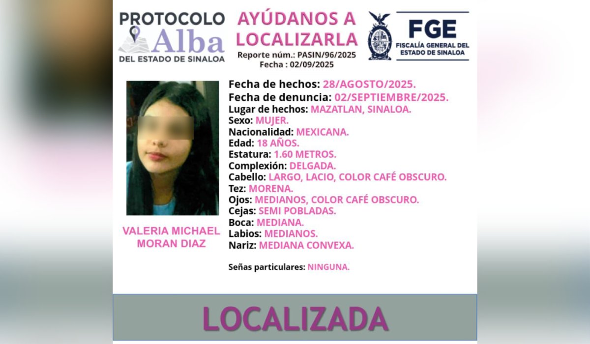 Localizan con vida a joven desaparecida en Mazatlán