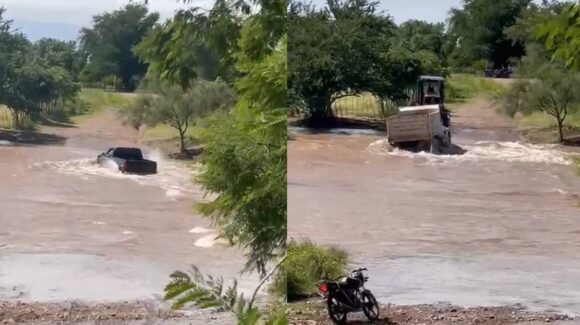 ¡Arriesgan su vida! Automovilistas cruzan arroyo crecido en Cabrera de Inzunza, Sinaloa