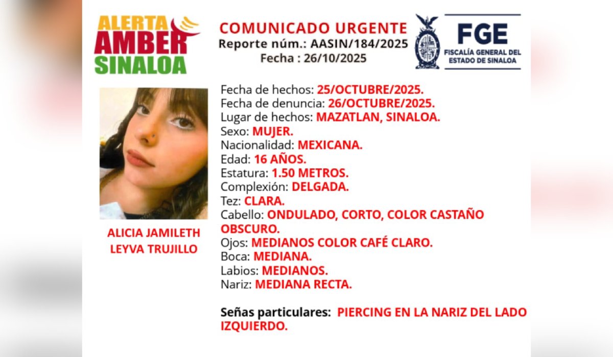 Alicia Jamileth Leyva Trujillo, desaparecida en Mazatlán