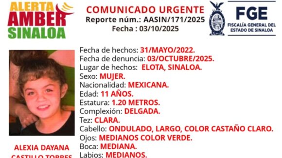 Emiten Alerta Amber por niña de 11 años desaparecida en el 2022 en Elota, Sinaloa