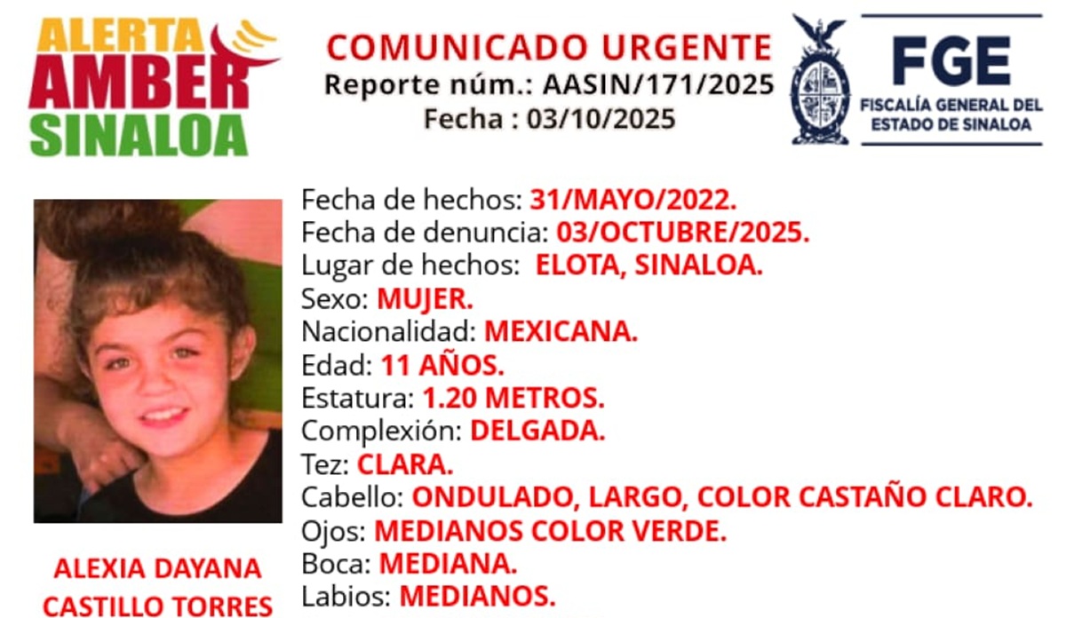 Alerta Amber de Alexa Dayana, desaparecida en Elota en 2022