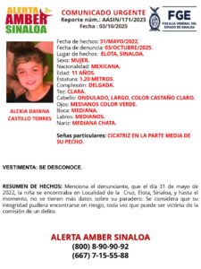 Alerta Amber de Alexa Dayana, desaparecida en Elota en 2022