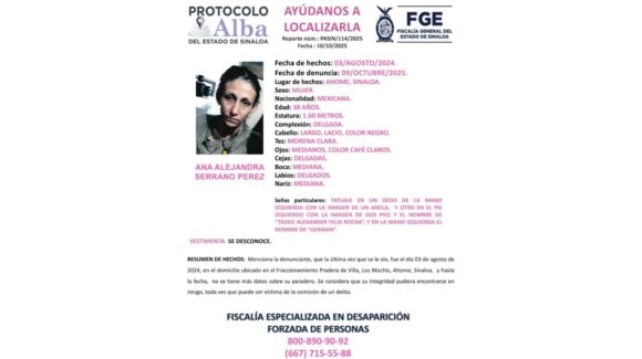 Buscan a Ana Alejandra Serrano Pérez, desaparecida en Los Mochis, Sinaloa