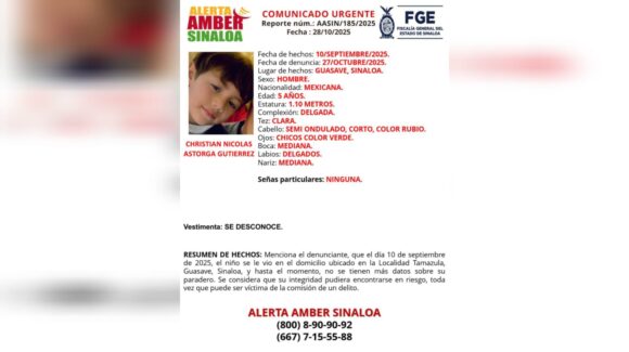 Activan Alerta Amber por desaparición de niño de 5 años en Guasave, Sinaloa