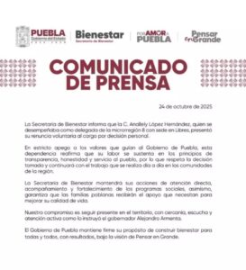 Comunicado de la Secretaría de Bienestar de Puebla