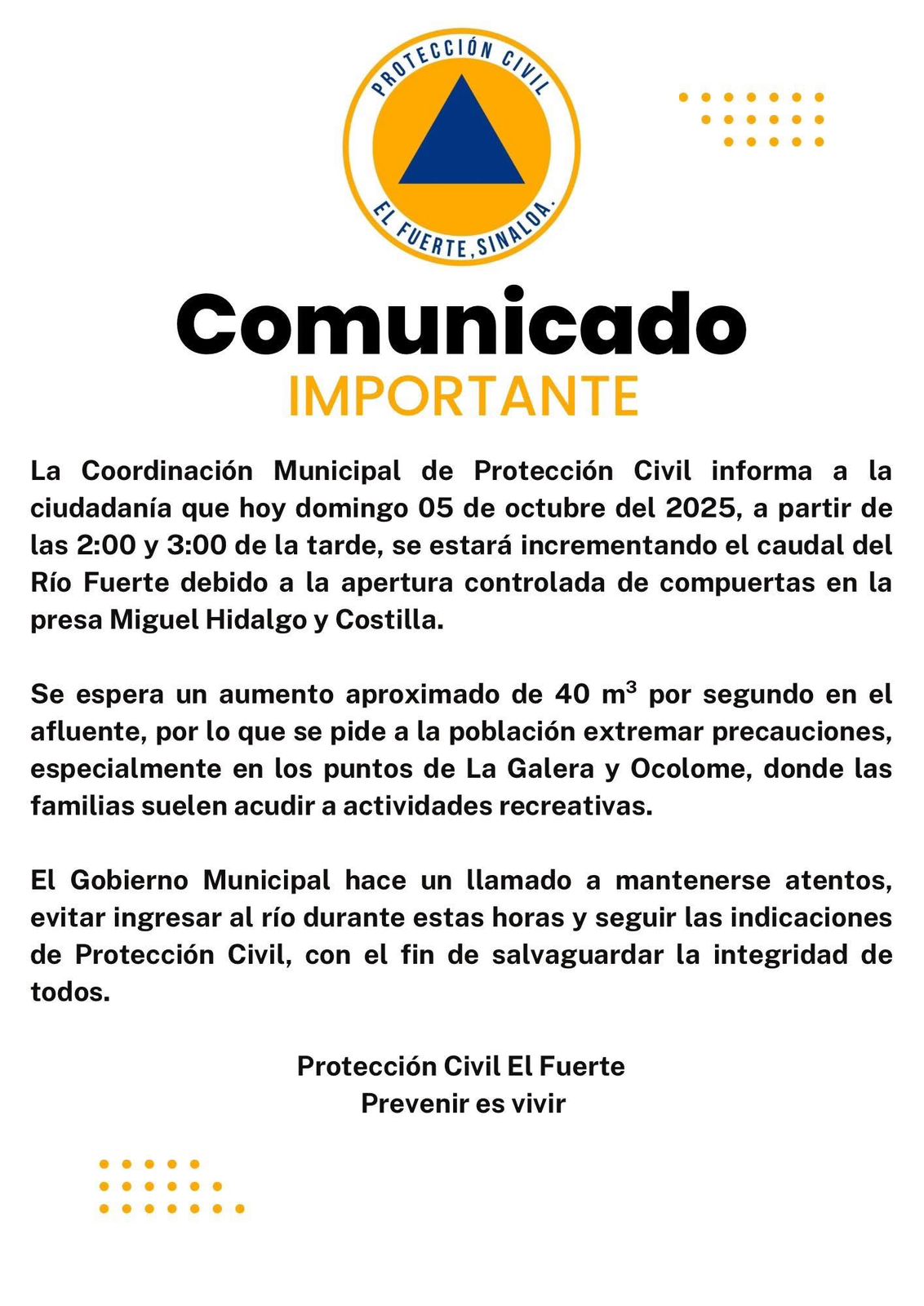 comunicado de proteccion civil de el fuerte