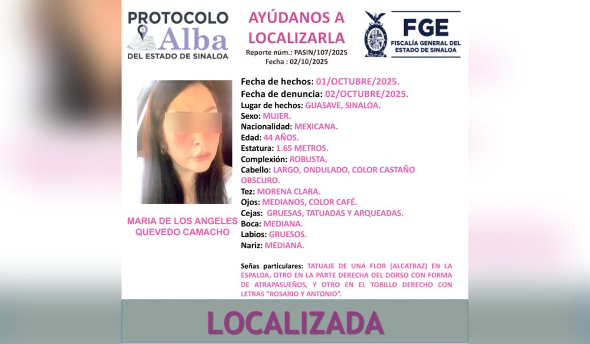 Desactivan ficha de búsqueda de María de los Ángeles en Guasave, Sin.