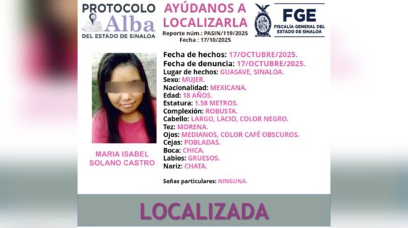 Localizan con vida a joven reportada como desaparecida en Guasave, Sinaloa