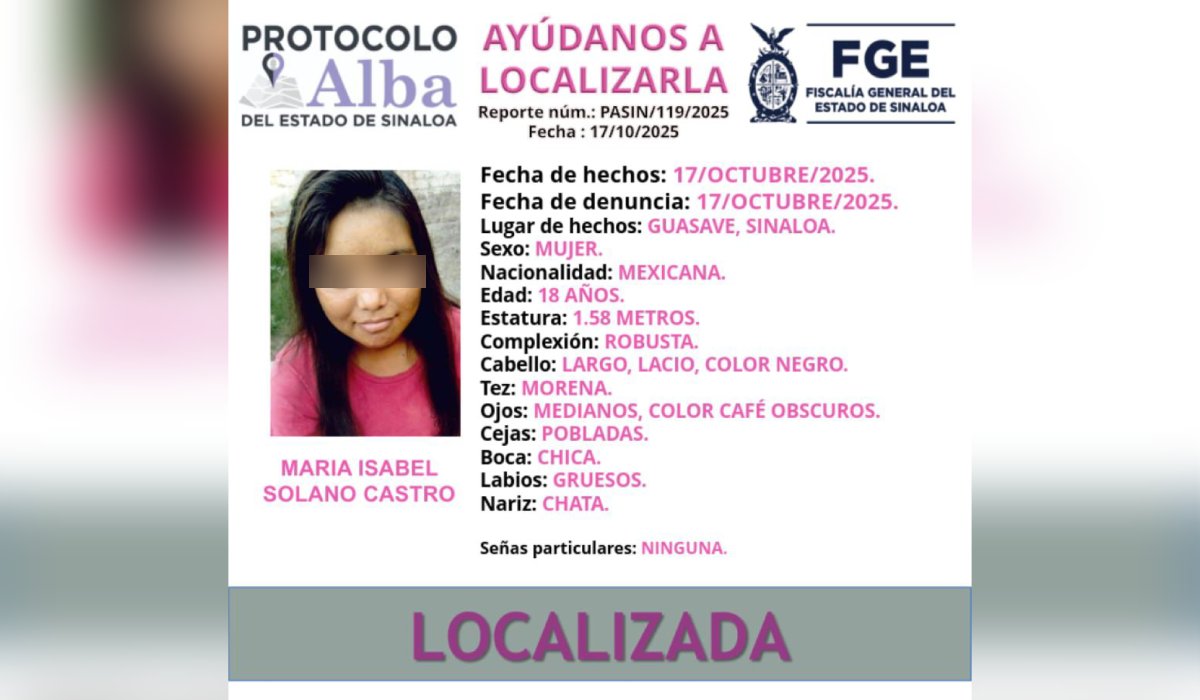 Localizan con vida a María Isabel, desaparecida en Guasave