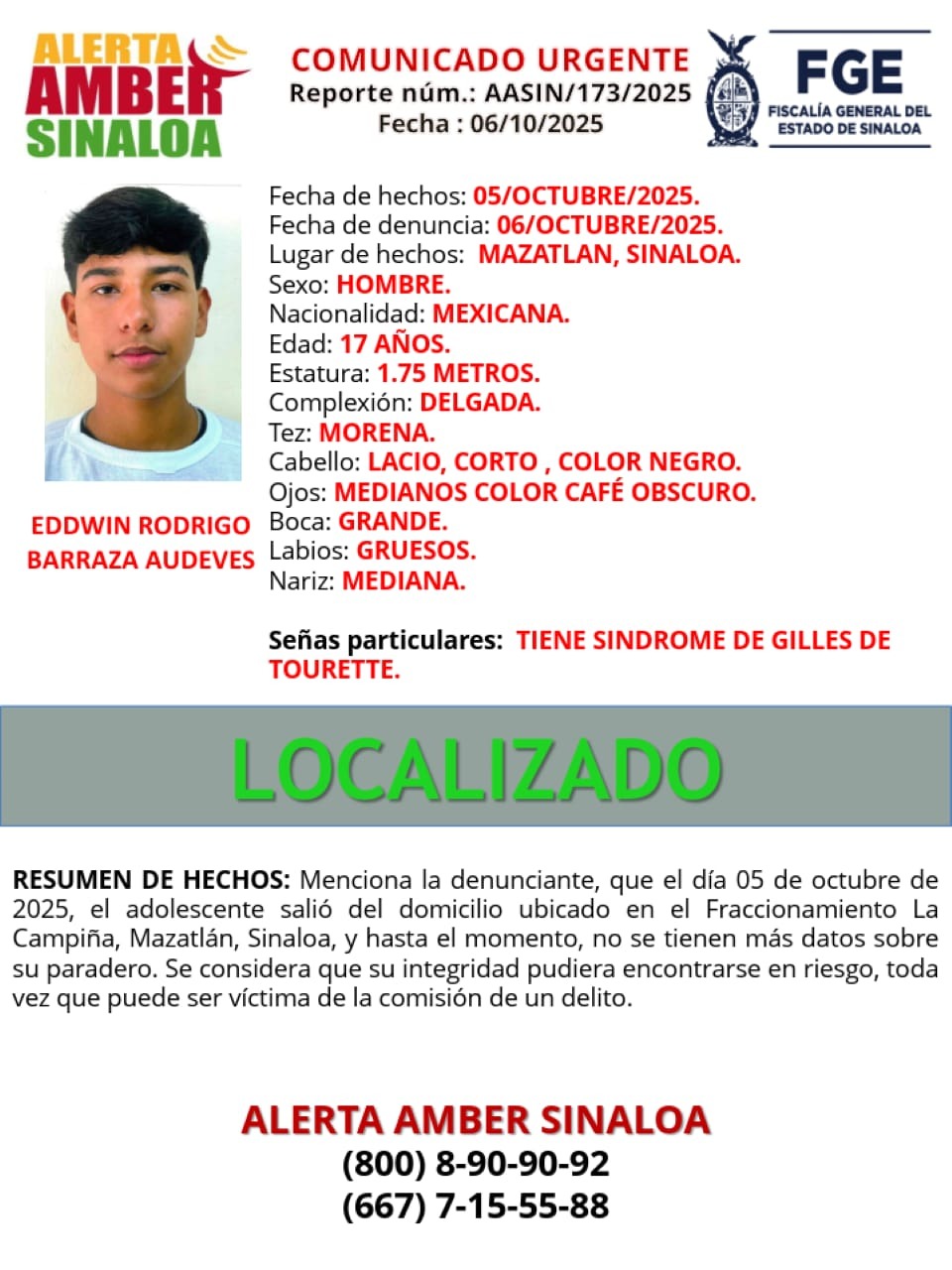 Joven localizado en Mazatlán