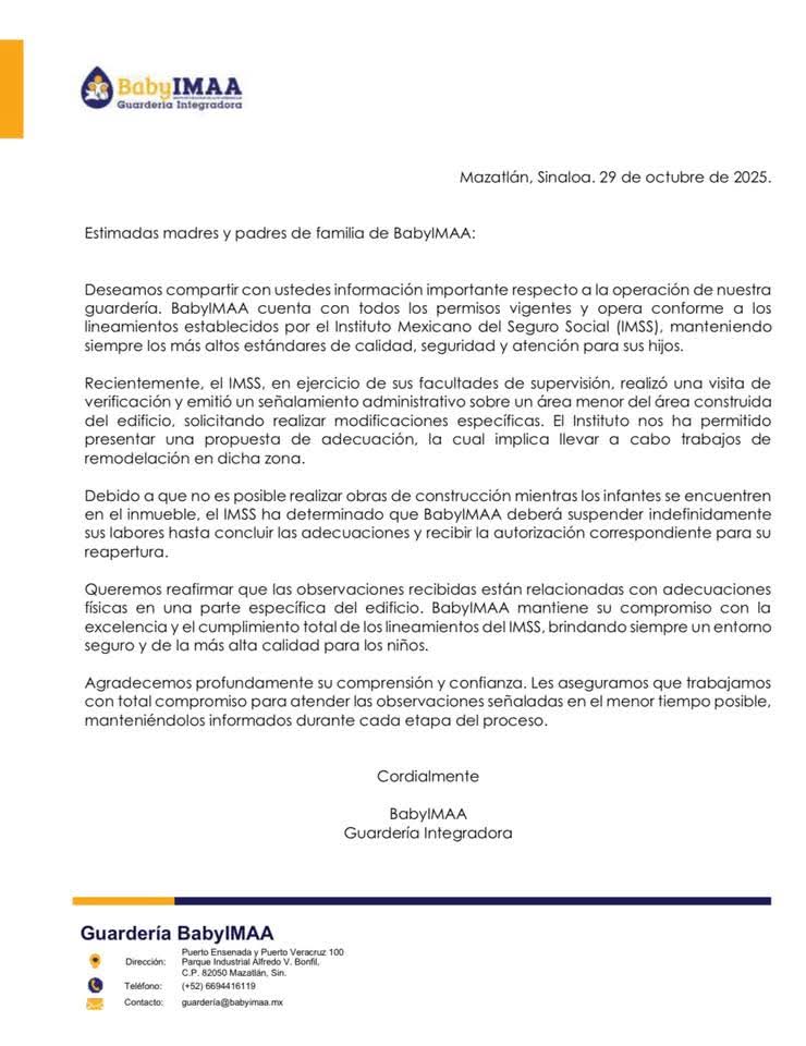 Comunicado de Guardería Baby IMMA