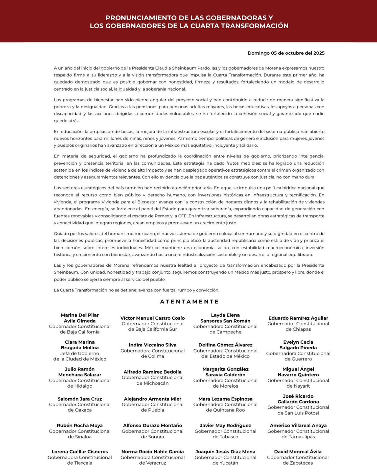 manifiesto de gobernadores de Morena