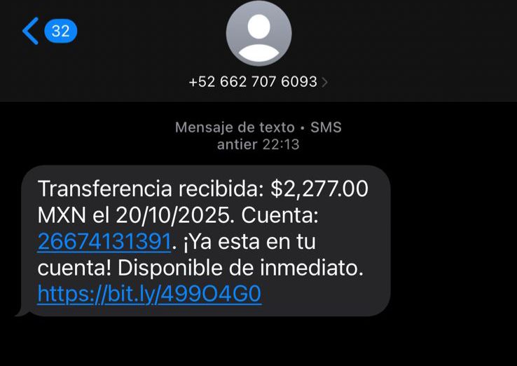 Mensaje de extorsión a teléfono celular