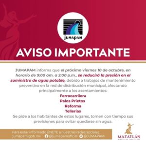 reduccion de agua potable en colonia de mazatlana aviso