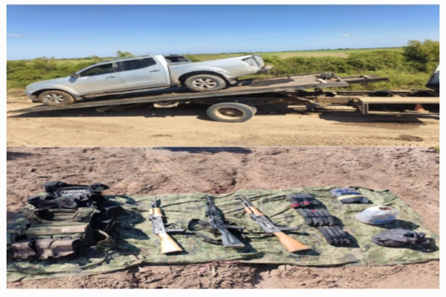 Vehículo, armas, cargadores y cartuchos asegurados en Navolato, Sinaloa
