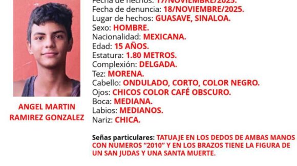 Activan Alerta Amber por la desaparición de un joven de 15 años en Guasave, Sinaloa