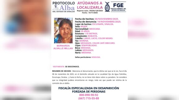 Activan ficha de búsqueda para localizar a Bernarda Alvalle Millán, quien desapareció en Escuinapa, Sinaloa