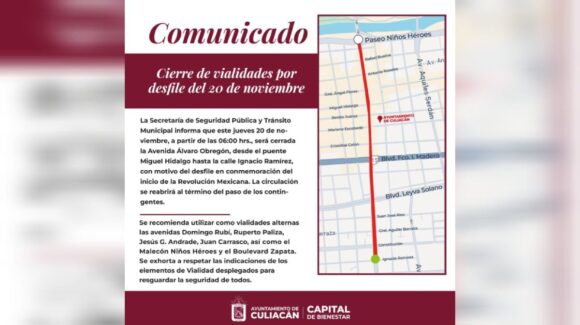 ¡Atención! Cerrarán la Av. Álvaro Obregón, en Culiacán, Sinaloa por desfile del 20 de Noviembre