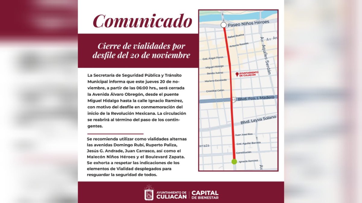 cierre de vialidades en culiacan por desfile