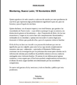 Comunicado de Cruz Martínez por vinculación a proceso