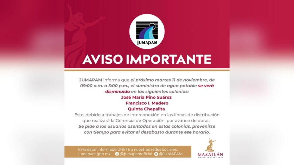 comunicado jumapam suspensión servicio agua potable Mazatlán