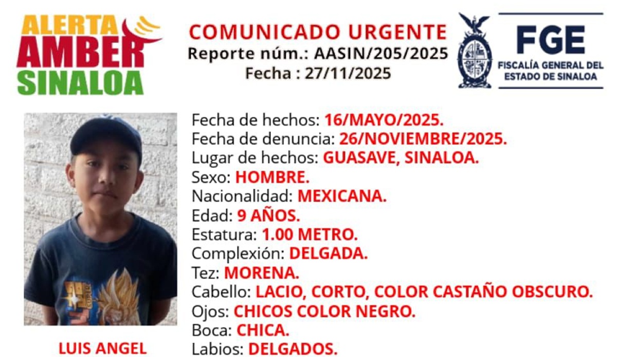 Ficha de búsqueda del menor Luis Ángel Saldaña, en Guasave