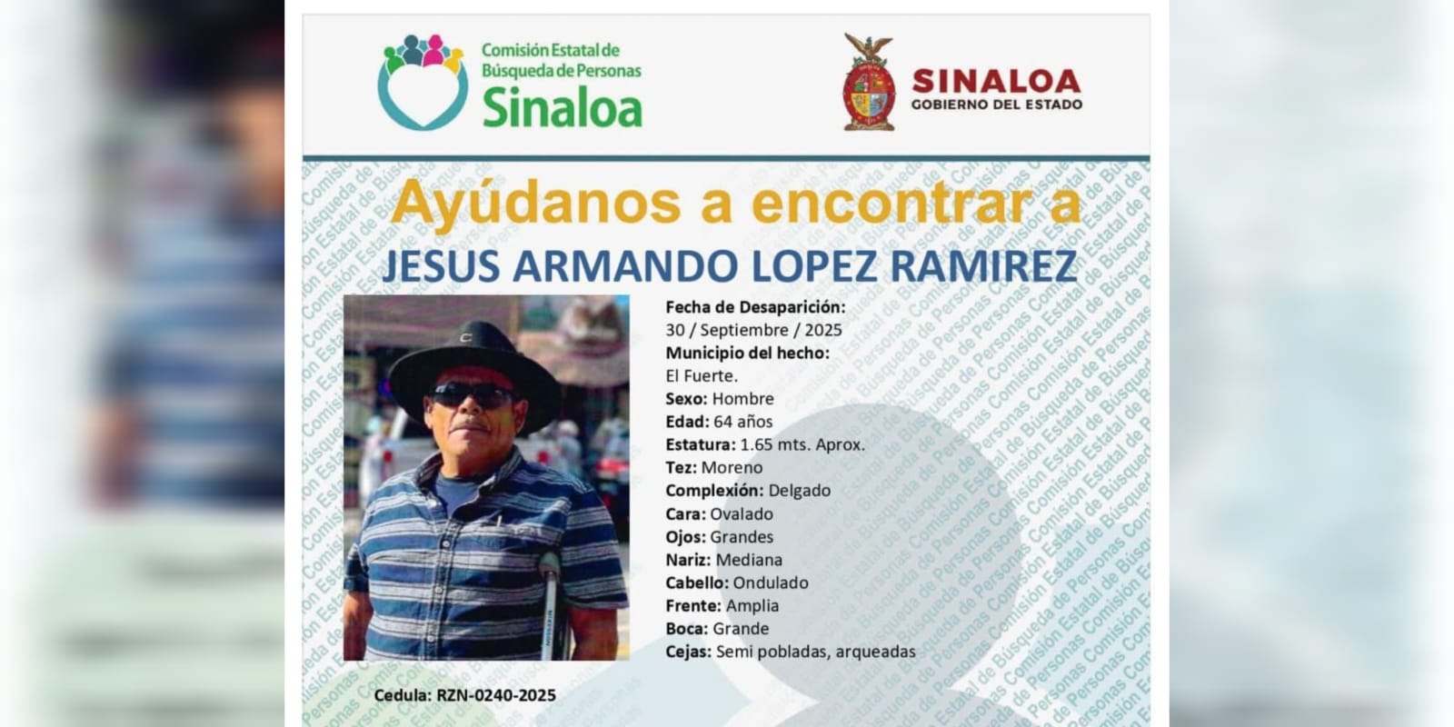Buscan a Jesús Armando desaparecido en El Fuerte