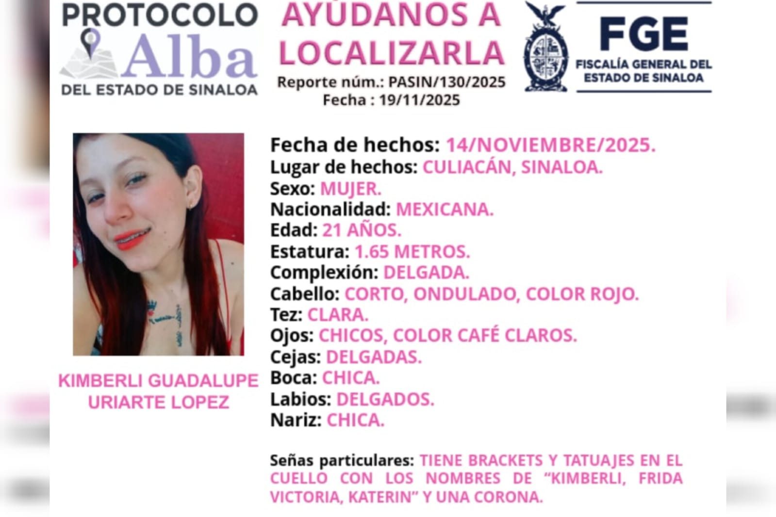 Kimberli joven desaparecida en Culiacán