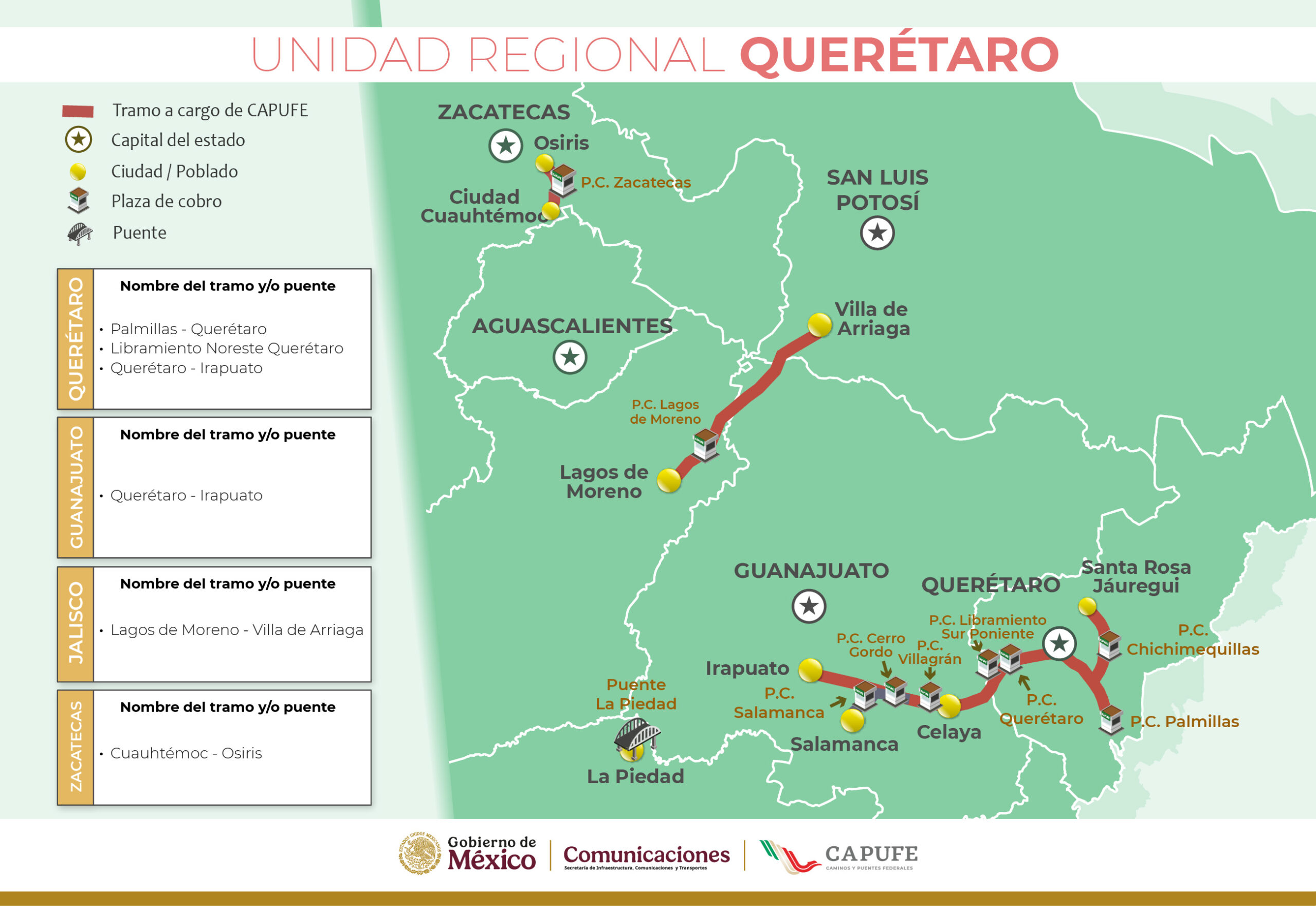 mapa autopista unidad regional Querétaro operadas por Capufe