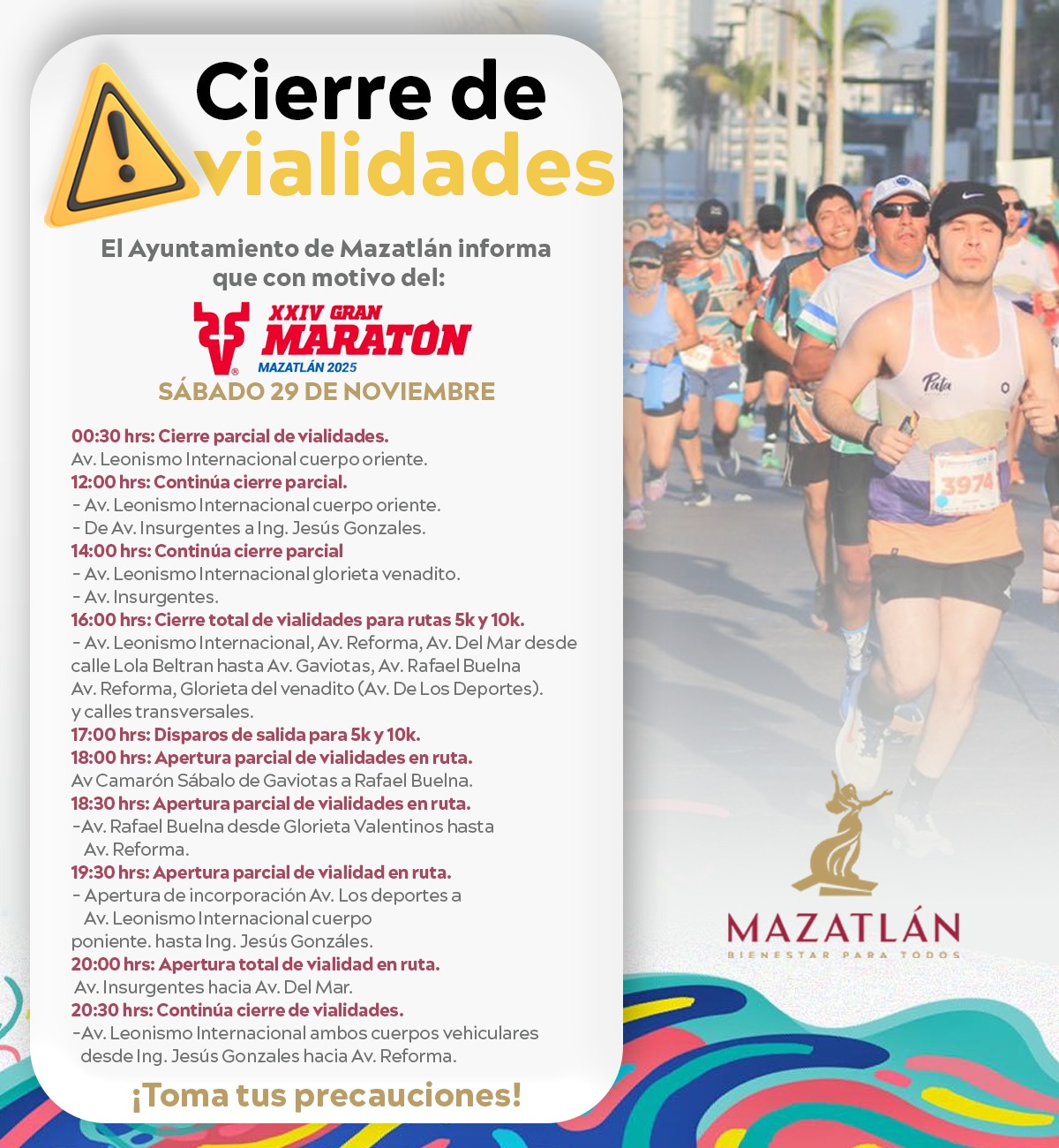 aviso de cierre de vialidades en Mazatlán