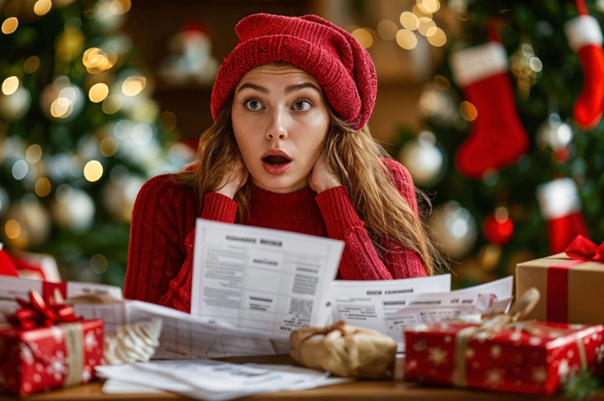 Presupuesto navideño. mujer agobiada por los gastos decembrinos